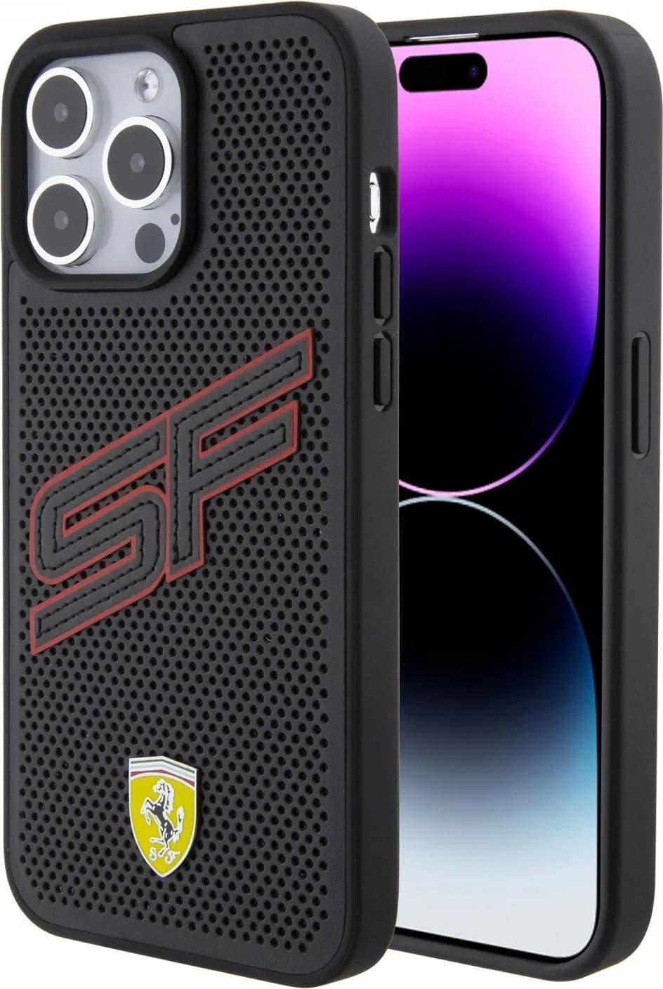 Ferrari PU Leather Case with Big SF Perforated Design for iPhone 15 Pro Max - Black
