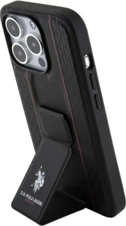 U.S. Polo Assn. PU Leather Textured Pattern Gripstand Case for iPhone 15 Pro Max - Black