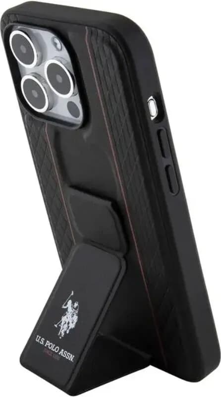 U.S. Polo Assn. PU Leather Textured Pattern Gripstand Case for iPhone 15 Pro Max - Black