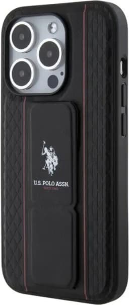 U.S. Polo Assn. PU Leather Textured Pattern Gripstand Case for iPhone 15 Pro Max - Black
