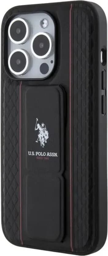 U.S. Polo Assn. PU Leather Textured Pattern Gripstand Case for iPhone 15 Pro Max - Black