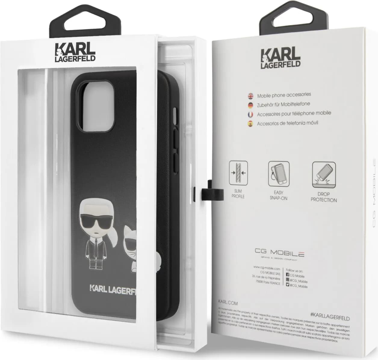 Karl Lagerfeld PC/TPU PU Leather Case Karl and Choupette Bodies Embossed for Apple iPhone 12 Pro - Black