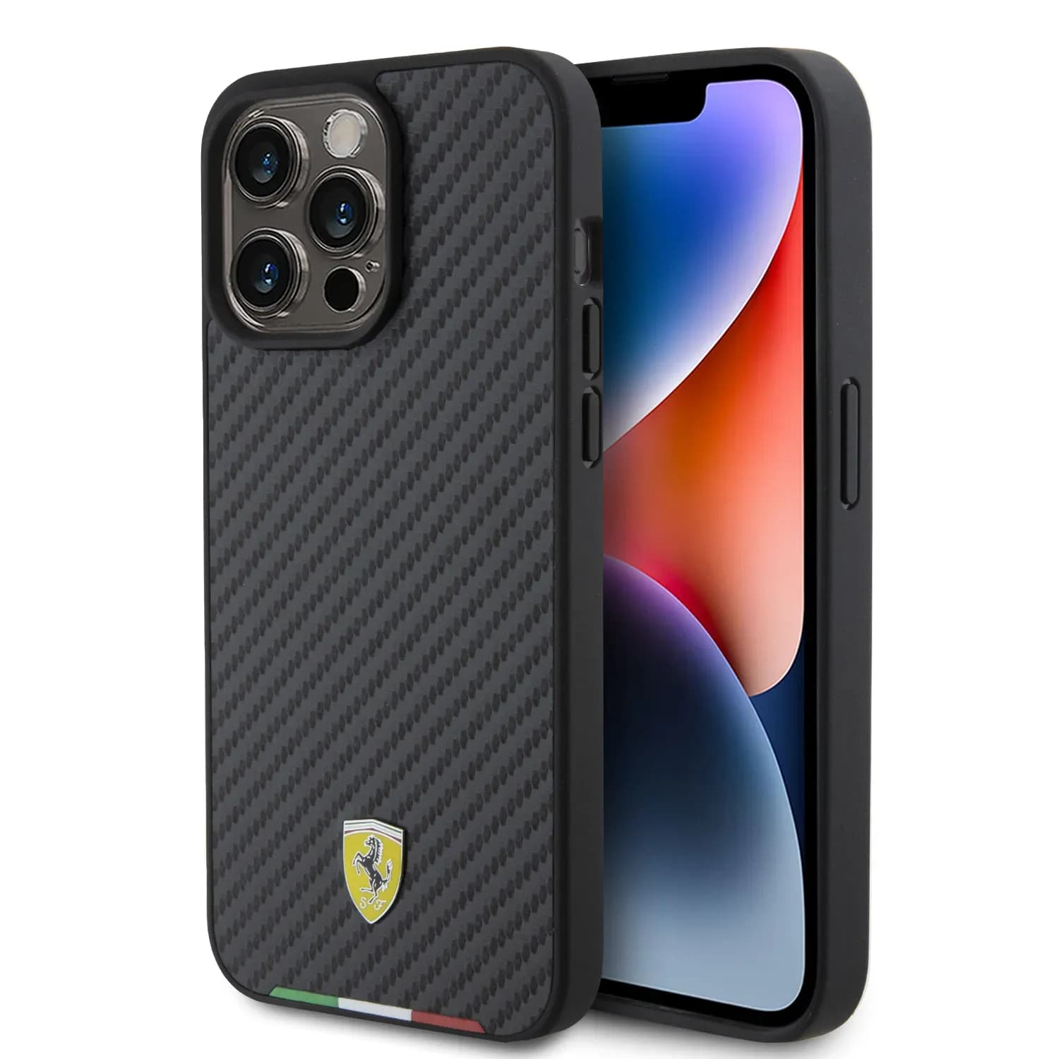 Ferrari PU Leather Case with Italy Flag Line for iPhone 15 Pro - Carbon
