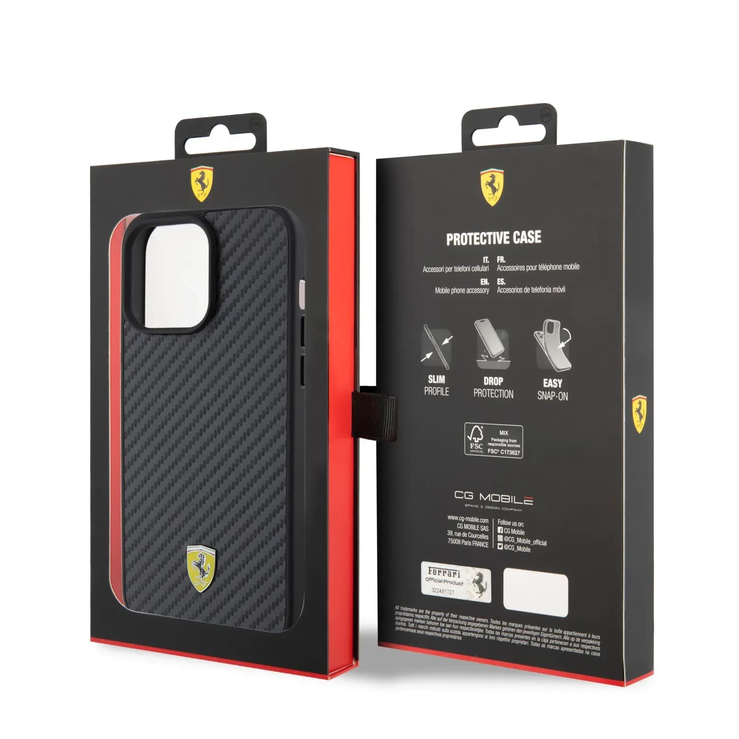 Ferrari PU Leather Case with Italy Flag Line for iPhone 15 Pro - Carbon