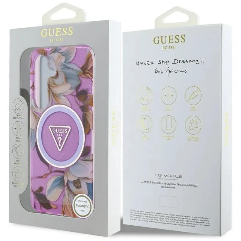 Guess Glitter Flowers Triangle Buttons MagSafe Case for Samsung Galaxy S25