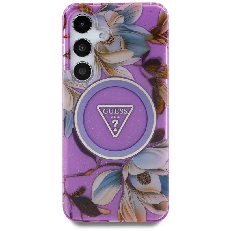 Guess Glitter Flowers Triangle Buttons MagSafe Case for Samsung Galaxy S25