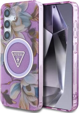 Guess Glitter Flowers Triangle Buttons MagSafe Case for Samsung Galaxy S25
