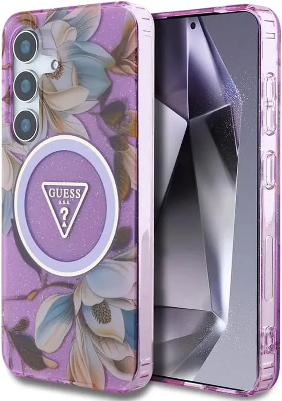 Guess Glitter Flowers Triangle Buttons MagSafe Case for Samsung Galaxy S25