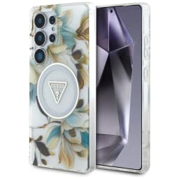 Guess Glitter Flowers Triangle Buttons MagSafe Case For Samsung Galaxy S25 Ultra - white