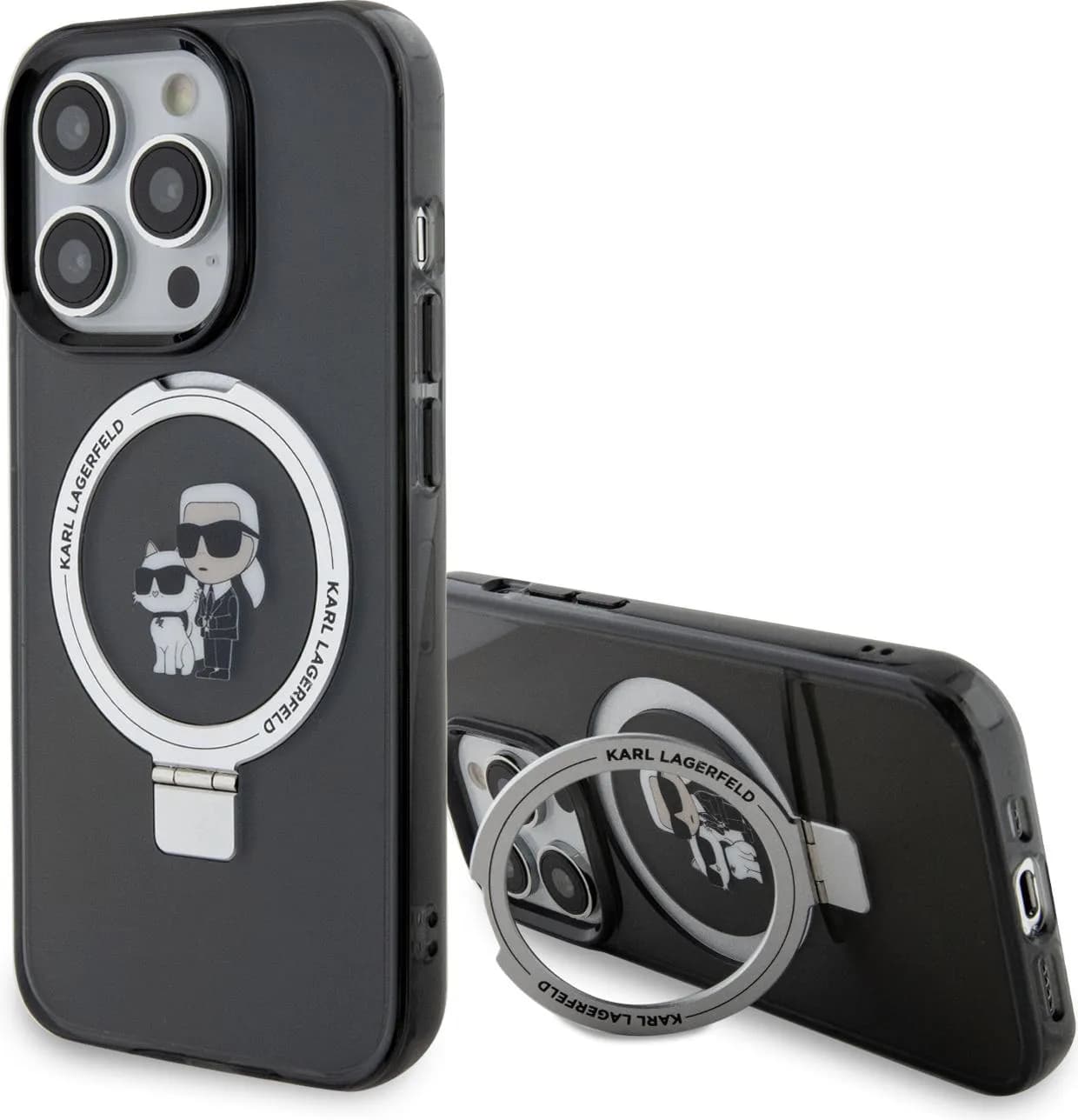 Karl Lagerfeld Magsafe Ringstand Case with Karl & Choupette Heads for iPhone 15 Pro Max - Black