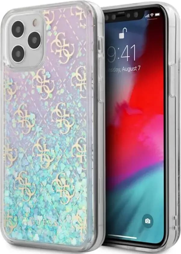 Guess Liquid Glitter 4G Pattern Pink Background Case for iPhone 12 Pro - Iridescent