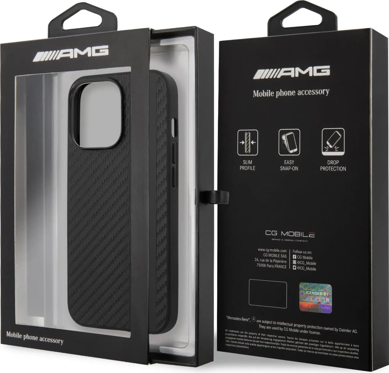 AMG PC/TPU Case With PU Carbon Effect Gray Leather Stripe And Hot Stamped Logo For iPhone 13 Pro (6.1") - Black