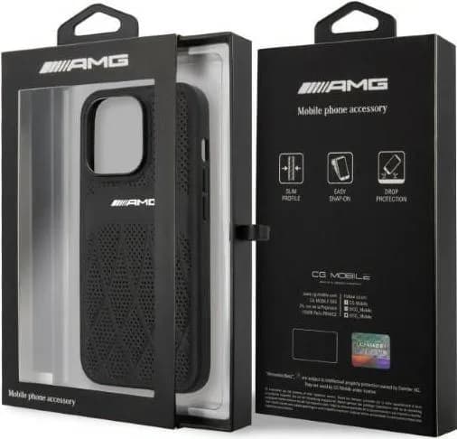AMG Genuine Leather Case With Perforated Black Leather Curved Lines Hot Stamped With Logo For iPhone 13 Pro (6.1") - Black