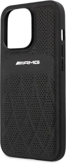 AMG Genuine Leather Case With Perforated Black Leather Curved Lines Hot Stamped With Logo For iPhone 13 Pro (6.1") - Black