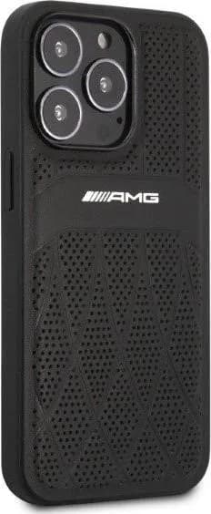 AMG Genuine Leather Case With Perforated Black Leather Curved Lines Hot Stamped With Logo For iPhone 13 Pro (6.1") - Black