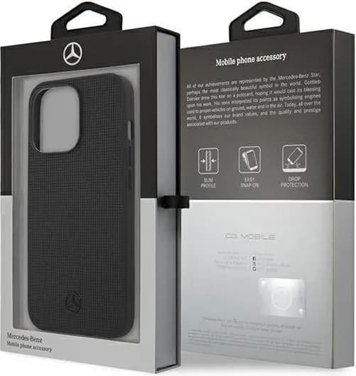 Mercedes Benz Genuine Leather Hard Case Meshed Effect Metal Black Star Logo For iPhone 13 Pro (6.1") - Black