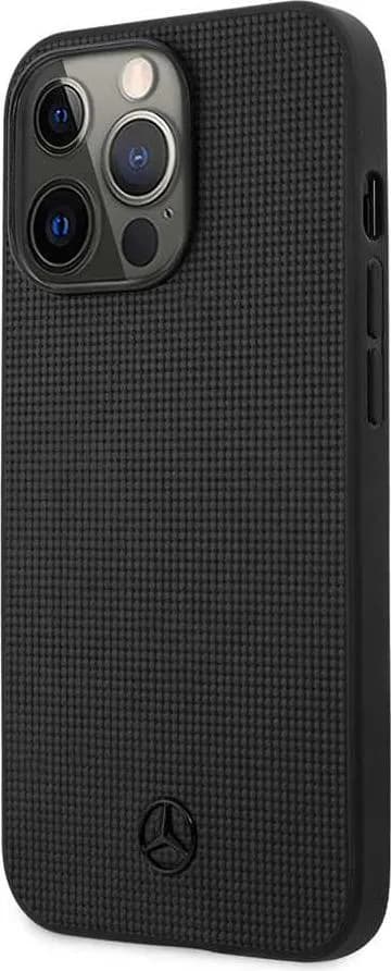 Mercedes Benz Genuine Leather Hard Case Meshed Effect Metal Black Star Logo For iPhone 13 Pro (6.1") - Black