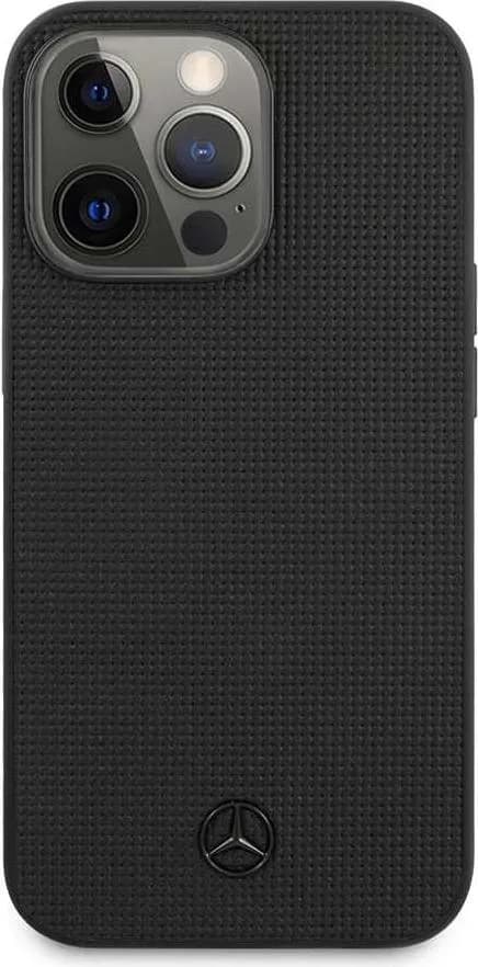 Mercedes Benz Genuine Leather Hard Case Meshed Effect Metal Black Star Logo For iPhone 13 Pro (6.1") - Black