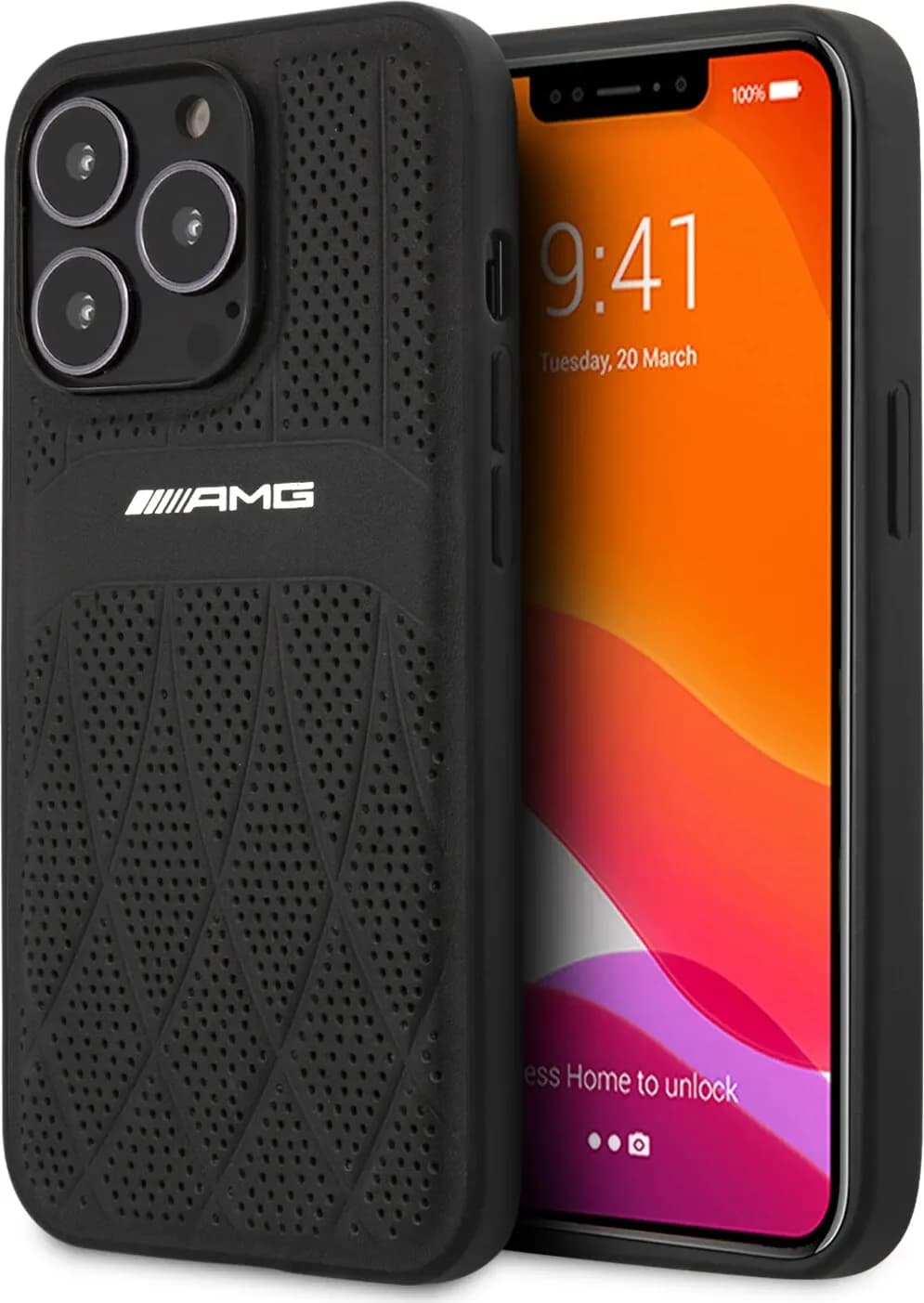 AMG Genuine Leather Case With Perforated Black Leather Curved Lines Hot Stamped With Logo For iPhone 13 Pro Max (6.7") - Black