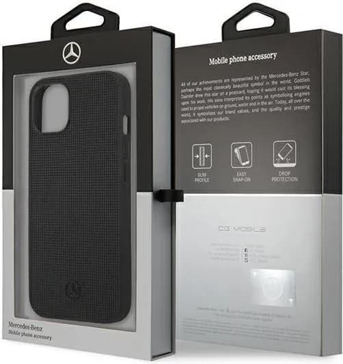 Mercedes Benz Genuine Leather Hard Case Meshed Effect Metal Black Star Logo For iPhone 13 (6.1") - Black