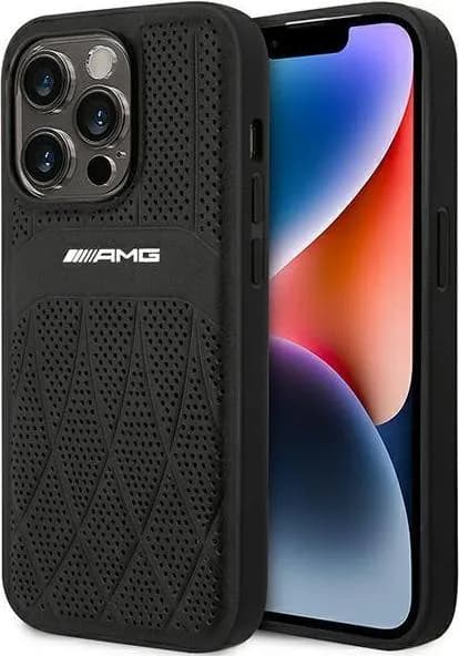 AMG Magsafe Genuine Leather Case With Perforated Leather & Curved Lines For iPhone 14 Pro - Black