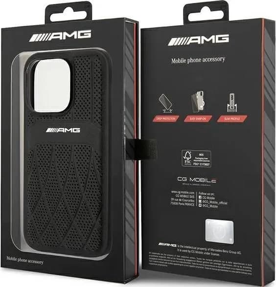 AMG Magsafe Genuine Leather Case With Perforated Leather & Curved Lines For iPhone 14 Pro - Black