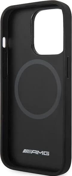AMG Magsafe Genuine Leather Case With Perforated Leather & Curved Lines For iPhone 14 Pro - Black