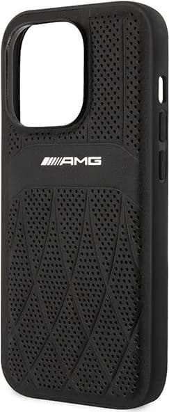 AMG Magsafe Genuine Leather Case With Perforated Leather & Curved Lines For iPhone 14 Pro - Black