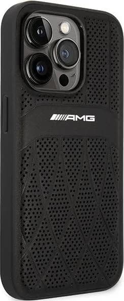 AMG Magsafe Genuine Leather Case With Perforated Leather & Curved Lines For iPhone 14 Pro - Black