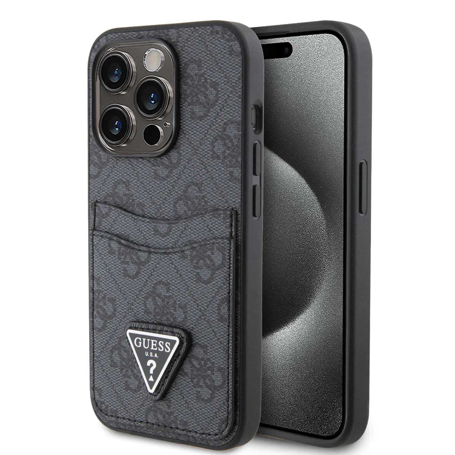 Guess PU Leather Case with Double Card Slot 4G Double Triangle Logo for iPhone 15