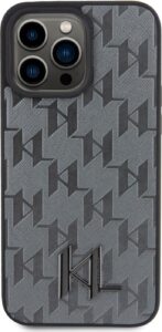 Karl Lagerfeld Hot Stamp Hard Case with Monogram KL Metal Logo for iPhone 15 Pro Max - Grey