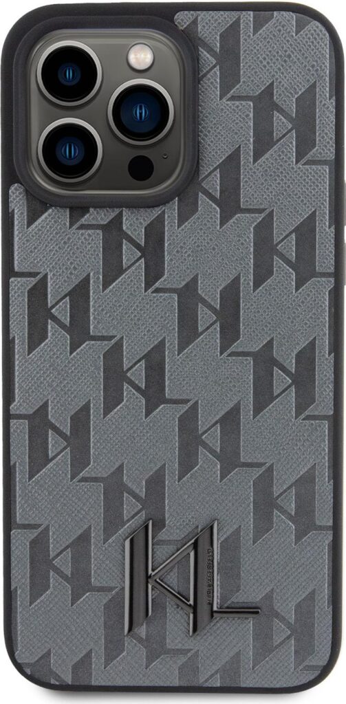 Karl Lagerfeld Hot Stamp Hard Case with Monogram KL Metal Logo for iPhone 15 Pro Max - Grey