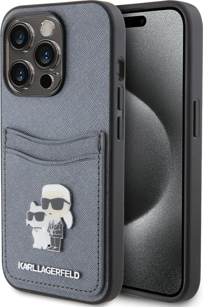 Karl Lagerfeld Saffiano Case with Cardslots and Karl Legerfeld Choupette Heads For iPhone 15 Pro Max