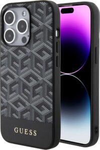 Guess Magsafe Leather Case with Gcube Stripe Pattern For iPhone 15 Pro Max - Black