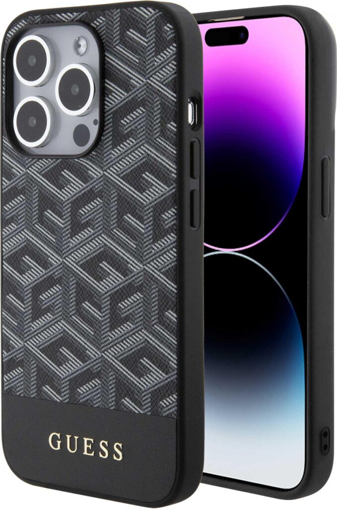 Guess Magsafe Leather Case with Gcube Stripe Pattern For iPhone 15 Pro Max - Black