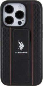 U.S. Polo Assn. PU Leather Textured Pattern Gripstand Case for iPhone 15 Pro Max - Black