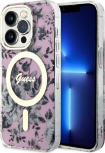 Guess Magsafe IML Case with Flower Pattern For iPhone 15 Pro Max - Pink