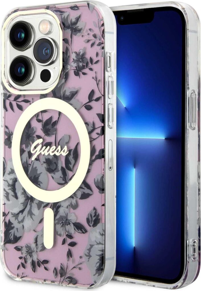 Guess Magsafe IML Case with Flower Pattern For iPhone 15 Pro Max - Pink