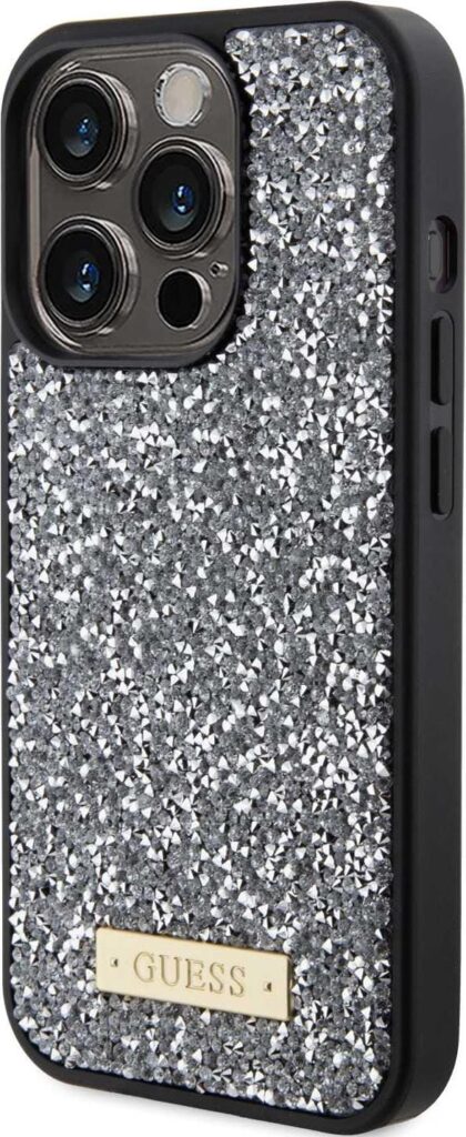 Guess Rhinestone Case with Metal Logo for iPhone 15 Pro Max - Clear