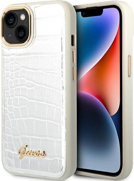 Guess Pu Croco Case With Metal Camera Outline For iPhone 14 Plus - Silver
