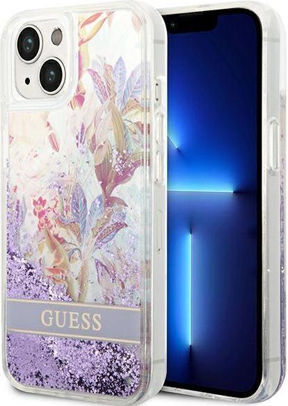 Guess Liquid Glitter Case With Flower Pattern For iPhone 14 Plus - Purple