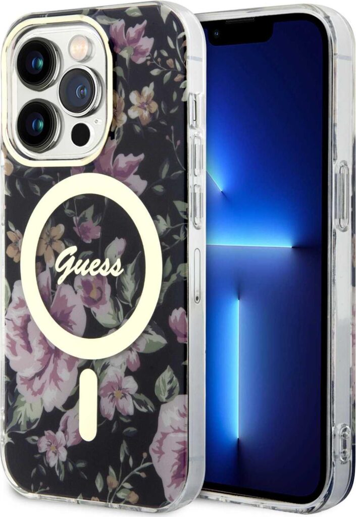 Guess Magsafe IML Case with Flower Pattern For iPhone 15 Pro Max - Schwarz