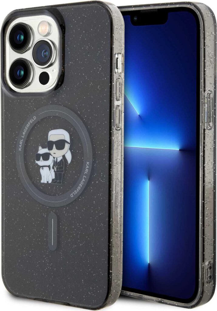 Karl Lagerfeld Magsafe IML with Karl & Choupette Heads Glitter Case For iPhone 15 Pro Max