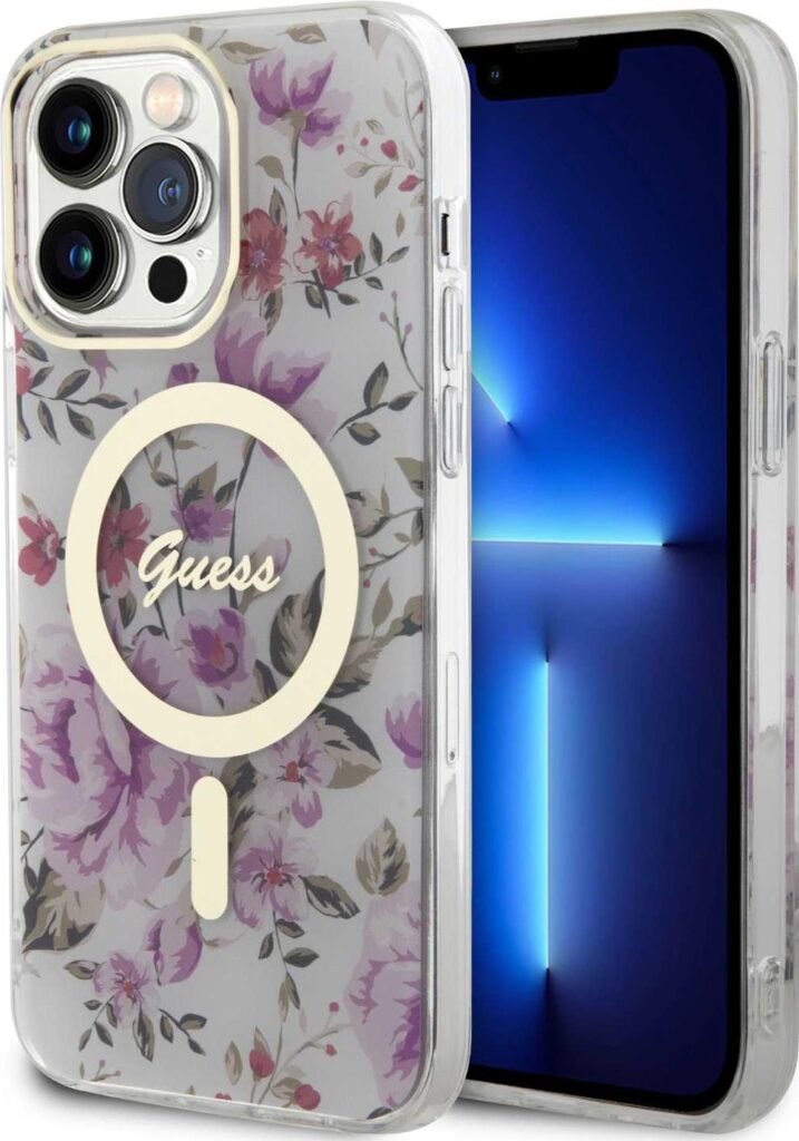 Guess Magsafe IML Case with Flower Pattern For iPhone 15 Pro Max - Transparent