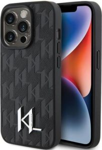 Karl Lagerfeld Hot Stamp Hard Case with Monogram KL Metal Logo For iPhone 15 Pro Max - Black