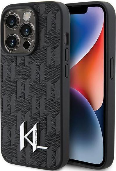 Karl Lagerfeld Hot Stamp Hard Case with Monogram KL Metal Logo For iPhone 15 Pro Max - Black