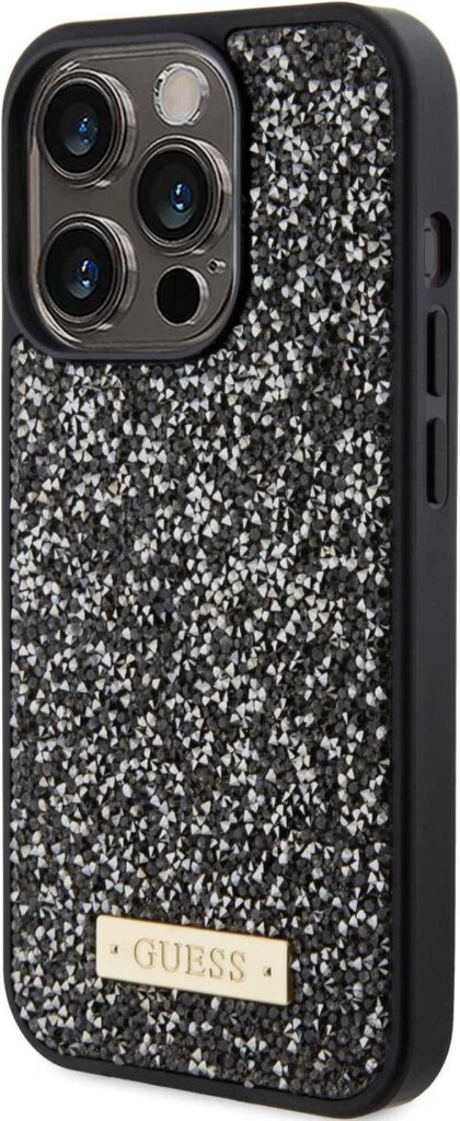 Guess Rhinestone Case with Metal Logo for iPhone 15 Pro Max - Black