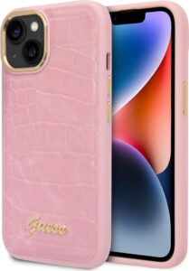 Guess Pu Croco Case With Metal Camera Outline For iPhone 14 Plus - Pink