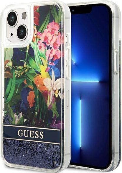 Guess Liquid Glitter Case With Flower Pattern For iPhone 14 Plus - Blue